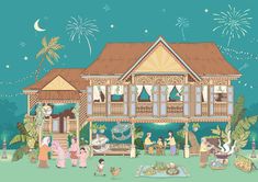 an illustration of a family gathering in front of their house with fireworks and decorations on the roof