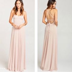 two pictures of a woman wearing a long dress with straps on the back and side