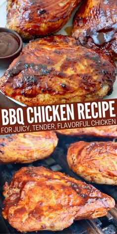 grilled bbq chicken breasts on plate and on grill Barbecue Chicken On The Grill, Chicken On Bbq Grill, Barbecue Grilled Chicken, Best Bbq Chicken On The Grill, Chicken Breast On The Bbq, Bbq Chicken Stovetop, Chicken Recipes On The Grill, Grilled Bbq Chicken Recipes, Grilled Barbecue Chicken Breast