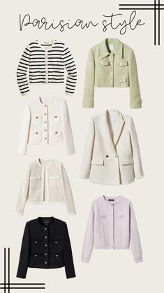 Spring Parisian jackets: cotton striped cardigan jacket, white boucle blazer with gold buttons, black tweed jacket White Button Down Office Outfit, White Chanel Blazer Outfit, Chanel Inspired Tweed Jacket, Boucle Jacket Outfit Casual, Spring Tweed Jacket Outfit, Parisian Blazer Outfit, Cardigan Blazer Outfit, Cream Boucle Jacket Outfit, Cream Tweed Blazer Outfit