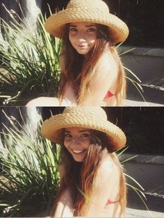 two pictures of a woman wearing straw hats and posing for the camera with grass in front of her