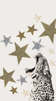 a cheetah is standing in front of some gold and silver stars on a white background