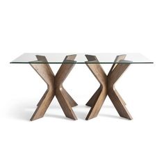 a glass and wood table with two intersecting legs