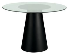 a round glass table with black base and an oval glass top, viewed from the front