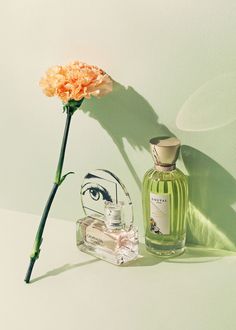 an orange flower sitting on top of a table next to a perfume bottle