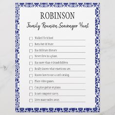 a blue and white printable family reunion scavent hunt form on a marble surface