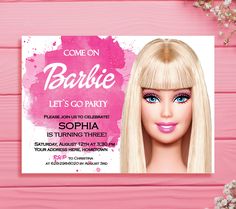 barbie birthday party flyer with pink paint splattered on the back and blonde hair