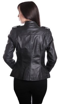 Women's leather jacket.  Slim fit women's leather jacket. Three exterior pockets Zippered midsection.  Buttoned collar. Buttoned shoulder straps Soft, supple leather Zippered sleeves. 100% genuine leather. This slim fit women's leather jacket is a one of a kind piece. It is a beautiful and elegant jacket made with the most pure and softest leather skins. Just throw on a pair of jeans and this jacket and you will be sure to rule any party.    Made to order. Please allow 7-10   business days   for Leather Biker Jacket For Office, Leather Biker Jacket With Long Sleeves For Office, Fitted Soft Leather Jacket, Fitted Leather Jacket In Soft Leather, Fitted Leather Biker Jacket With Pockets, Fitted Leather Jacket With Pockets For Fall, Fitted Leather Jacket With Pockets, Office Black Leather Biker Jacket, Womens Leather Jacket