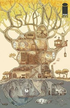 a drawing of a tree house with lots of windows and trees on it's sides