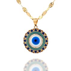 Embrace the protective power of the Evil Eye with our Hand-Painted Evil Eye Pendant. This captivating piece of jewelry combines ancient symbolism with modern artistry, hand-painted to exude beauty while safeguarding against negative energies. Product Specifications:  * Material: 14k Solid Gold, hallmarked 14K or 585 for authenticity * Diameter: 20mm / 0.78in 14k Solid Gold Chains: * Adjustable Chain 16"18" 0.5mm * Sun Oval Chain 16" 3mm Delivery:  * Ready to ship in 1 business day. * Delivers in Bohemian Medallion Jewelry For Good Luck, Bohemian Good Luck Medallion Jewelry, Evil Eye Amulet Jewelry For Healing, Healing Amulet Jewelry With Evil Eye, Healing Evil Eye Amulet Jewelry, Artistic Blue Necklaces For Festivals, Artistic Blue Necklace For Festivals, Round Necklace With Artistic Design For Spiritual Style, Round Necklace With Artistic Design And Spiritual Style