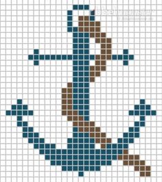 a cross stitch pattern with the shape of an anchor in blue, brown and white