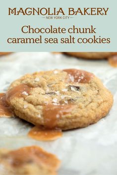 chocolate chunk caramel sea salt cookies with text overlay that reads, magnolia bakery