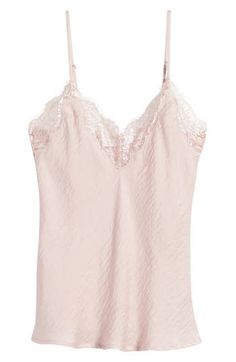 Lace trims the neckline of this drapey camisole made from sleek satin. 22" length V-neck Adjustable straps 100% polyester Hand wash, line dry Imported Pink Camisole, Lace Top Dress, Satin Camisole, Lace Trims, Pink Satin, Pale Pink, Blush Pink, Lace Trim, Lace Top