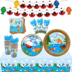 PRICES MAY VARY. Serves 20 Gone Fishing Party Disposable Tableware Supplies Set- Package includes 1 pre-assembled fishes bobber happy birthday banner,20 plates(9"),20 plates(7"),20 cups(8oz),20 napkins(6.5" x 6.5"),1 table cover(88" x 42" ),20 forks,20 knives,20 spoons,20 cutlery bags,totally 162 pieces. Food Grade & Safe- Plates, cups, and napkins are made of paper,100% food grade. The table cover and cutlery kits are made of plastic. They are disposable and non-toxic, perfect for desserts, par The Big One Party, Rustic Fishing Decor, Party Ideas Decoration, Fishing Party Decorations, Gone Fishing Party, Happy Birthday Fishing, Fishing Birthday Party, Unicorn Party Supplies, Fishing Party