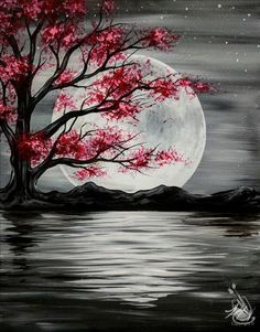 an acrylic painting of a tree with pink blossoms in front of a full moon