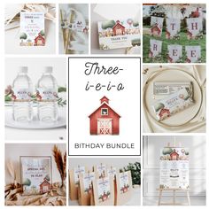 there is a collage of photos with farm animals and barn items on it, including cards, tags, and other items