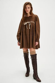 Tea Time Mini Dress | Free People Free People Brown Dress, Medieval Inspired Fashion Modern, Soft Grunge Dress, Modern Medieval Fashion, Crowcore Fashion, Medieval Core, Thrift Outfits, Costumes Design, Fall Thrift