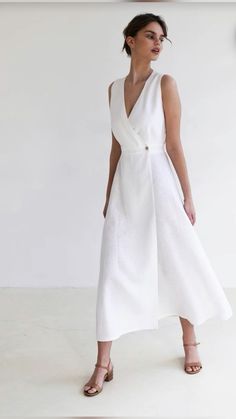 Linen V-neck Sundress Maxi Dress, Summer Linen A-line Maxi Dress, Linen A-line Maxi Dress For Beach, White Linen V-neck Maxi Dress, Chic White Maxi Linen Dress, Elegant White Wrap Dress For Beach, Elegant White Beach Wrap Dress, Elegant Wrap Linen Beach Dress, Chic White Linen Maxi Dress