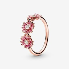 Pink Daisy Flower Trio Ring | Rose gold plated | Pandora US Osmium Ring, Rose Blooming, Pink Daisy Flower, Rings Pandora, Life Flower, Pandora Ring, Pandora Pink, Pandora Rose, Trio Ring