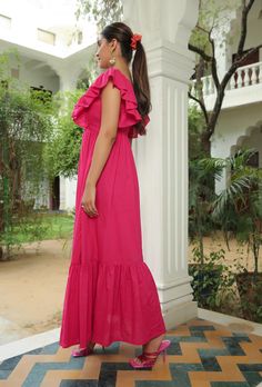 Berry Pink Flared Maxi Dress for Women with Indian Body Type - Customizable, Easy Returns – Fledgling Wings Wings Dress, Cotton Poplin Dress, Maxi Dress For Women, Western Dress, Girly Dresses, Poplin Dress, Western Dresses, Look Your Best, Product Images