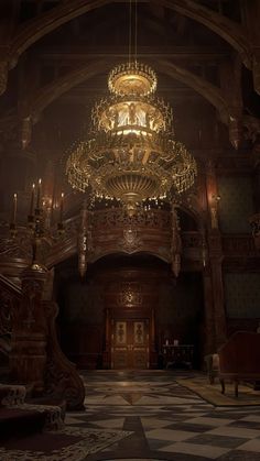 a large chandelier hanging from the ceiling in a dark room