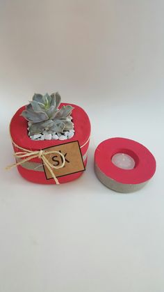 a red box with a succulent plant in it sitting next to a candle