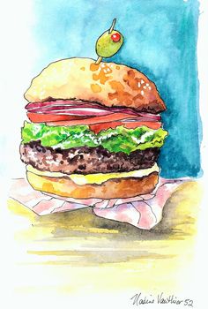 a watercolor painting of a hamburger with lettuce and tomato