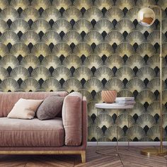 a living room scene with focus on the sofa and wallpapers that have fan shapes