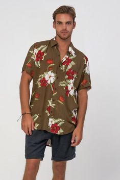 Brown Collared Beach Shirt, Casual Brown Hawaiian Shirt For Summer, Brown Button-up Shirt For Vacation, Brown Summer Beach Shirt, Casual Shirt With Hibiscus Print For Spring, Collared Cotton Shirt With Hibiscus Print, Cotton Collared Shirt With Hibiscus Print, Brown Camp Collar Shirt For Vacation, Cotton Hibiscus Print Collared Shirt