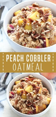 two bowls filled with oatmeal sitting on top of a table next to an apple