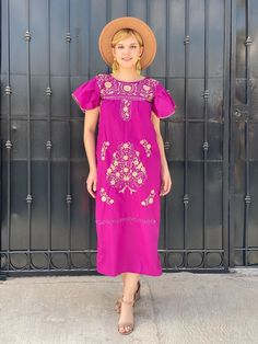 "Floral embroidery bridesmaids dress, mexican long dress, mexico destination wedding, ruffled sleeve boho kaftan, burgundy bohemian dress Gorgeous vibrant floral hand embroidery and flowy fit make this beautiful boho BURGUNDY Mexican maxi dress the perfect long summer kaftan or beach dress Cool and comfortable Mexican long dress is great for everyday wear. Or dress it up for a dazzling night out. Short sleeves have feminine ruffles 100% Cotton. The perfect resort wear for travel NOTE: In the fir Bohemian Embroidered Maxi Dress For Wedding, Bohemian Embroidered Maxi Wedding Dress, Summer Embroidered Bridesmaid Dress, Summer Bridesmaid Dress With Embroidery, Bohemian Embroidered Wedding Dress, Bohemian Short Sleeve Midi Dress For Wedding, Bohemian Ruffle Dress For Fiesta, Bohemian Ruffled Dress For Fiesta, Bohemian Pink Midi Dress With Floral Embroidery