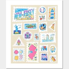 the new jersey postage stamp art print is shown in various colors and sizes, including blue,