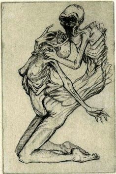 a drawing of a man holding a woman in his arms, with one hand on the ground