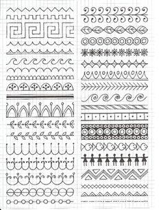 different types of embroidery designs on white paper with black and white lines in the background