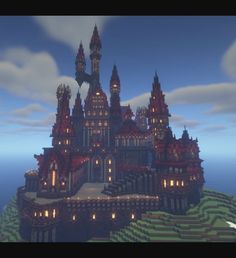 Evil Castle with red roofs and a stone base Minecraft Mountain Castle Blueprints, Castle Inspo Minecraft, Minecraft Gothic Castle Blueprints, Dracula Castle Minecraft, Large Minecraft Castle, Castle Exterior Minecraft, Minecraft Nether Castle Ideas, Dark Mansion Minecraft, Gothic Manor Minecraft