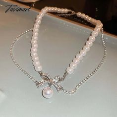 Tavimart New Fashion Zircon Bowknot Pearl Necklace for Women Shiny Rhinestone Double Layer Chain Necklace Wedding Party Jewelry Gift Elegant Rhinestone Necklace With Pearl Chain For Gift, Party Pearl Rhinestone Necklace With Clavicle Chain, White Rhinestone Necklace With Pearl Chain For Gift, Party Pearl Rhinestone Necklace, Heart-shaped Pearl Chain Necklace For Parties, Layered Chain Necklace, Wedding Party Jewelry, Dress Women Elegant, Layered Chains