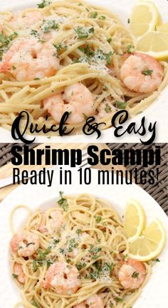 shrimp scampp pasta with lemons and parsley on top in white plate