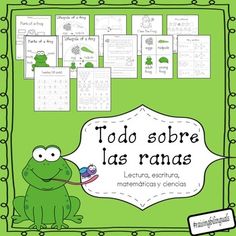 a green book cover with words and pictures on it, including an image of a frog