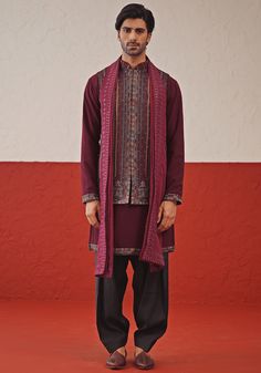 Wine Embroidered Kurta Set With Jacket Kalpraag - Fabilicious Fashion Traditional Drape Kurta With Embroidered Sleeves, Bohemian Kurta With Embroidered Sleeves For Festive Occasions, Bohemian Festive Kurta With Embroidered Sleeves, Festive Bohemian Kurta With Embroidered Sleeves, Festive Bandhgala With Embroidered Long Sleeves, Long Sleeve Traditional Wear With Embroidered Sleeves For Festivals, Traditional Long Sleeve Wear With Embroidered Sleeves For Festivals, Nehru Jacket With Embroidered Sleeves For Eid, Embroidered Sleeve Nehru Jacket For Eid