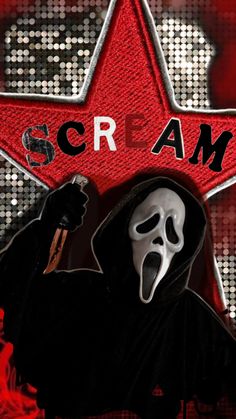 a person wearing a ghost mask and holding a microphone in front of a star with the word scream on it