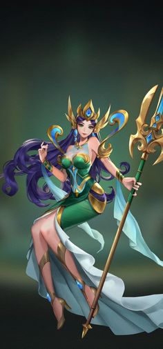 an animated character holding a spear and wearing a green dress with gold accents on it