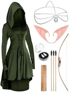 a woman wearing a green dress and hoodie with accessories including an arrow, bow, nose ring, headband