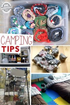 the collage shows various camping items in plastic containers, including blankets and sleeping bags