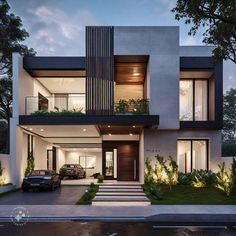 a modern house with two levels and plants on the balcony, surrounded by greenery