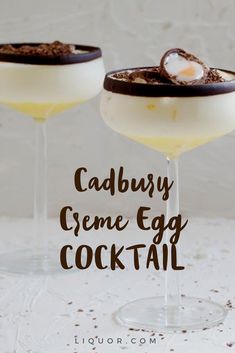 cadbury creme egg cocktail in coupe glasses with text overlay reading cadbury creme egg cocktail