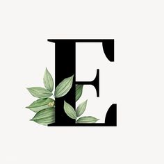 the letter e has leaves on it and is black with green leaves growing out of it