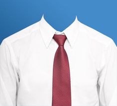 a man wearing a white shirt with a red neck tie on his shirt is standing in front of a blue background