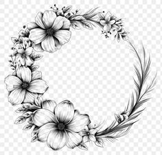 a black and white drawing of flowers in the shape of a circle, hd png