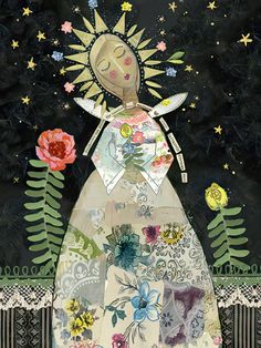 Pretty angel holding bouquet with night sky background and stars Kelly Rae Roberts, Buy Stickers, Collage Ideas, Angel Painting, Collage Art Mixed Media, Painting Designs, You Are Loved, Class Projects, Angel Art