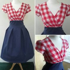 "This darling dress is inspired by an original 1950's dress. It has a flattering cross over style bodice, little cap sleeves, a fitted midriff made from stretch demin for comfort and great fit!. The top is lined and made from cotton gingham in red or choose another option. The skirt part is made from stretch cotton denim and has huge pleats. Dress fastens with a back zip and hook and eye. Made to a high standard.  If you prefer longer sleeves I can make 2\" longer or ecen three quarter length if Spring Rockabilly Dress With Short Sleeves, 1950s Style Gingham Fitted Dress, Fitted Gingham Dress For Picnic, Fitted Gingham Dress For Picnics, Retro Fitted Plaid Summer Dress, Fitted Gingham Plaid Knee-length Dress, Fitted Retro Gingham Plaid Dress, Retro Fitted Gingham Plaid Dress, Fitted Knee-length Plaid Dress For Picnic